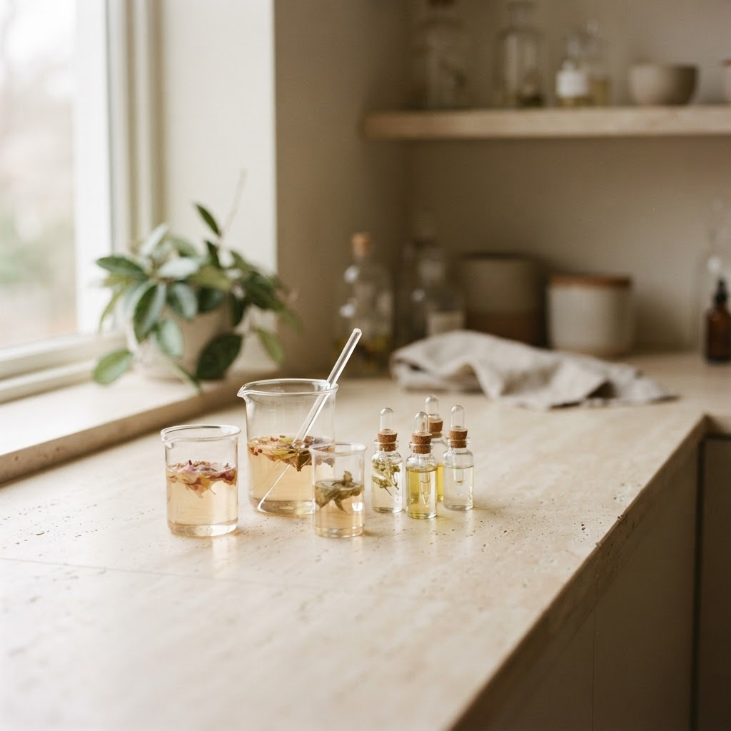A calm laboratory bench with glass vials in warm natural light