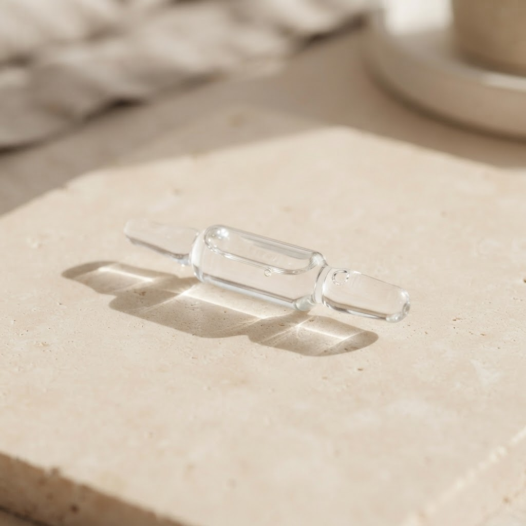 A Feel Born glass ampoule resting on a warm stone surface