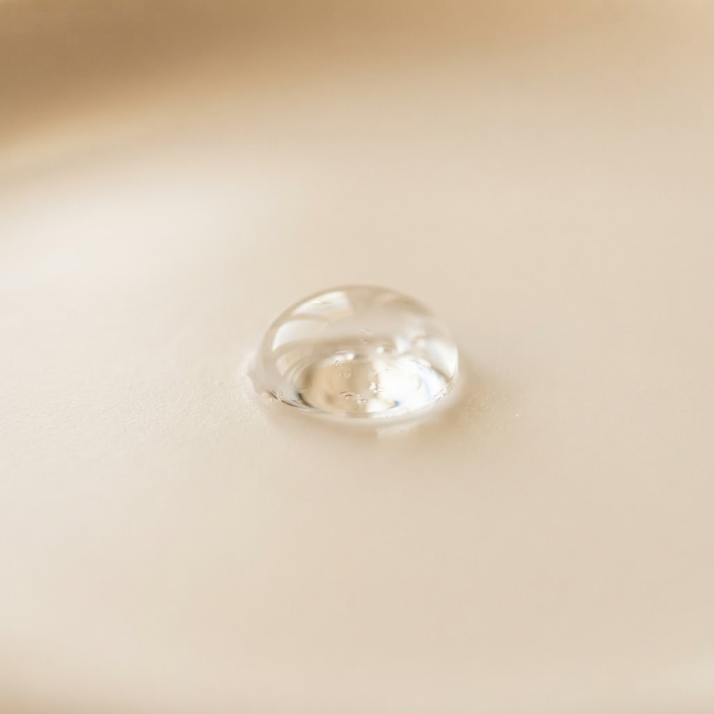 Macro close-up of a pure liquid droplet on a pale surface