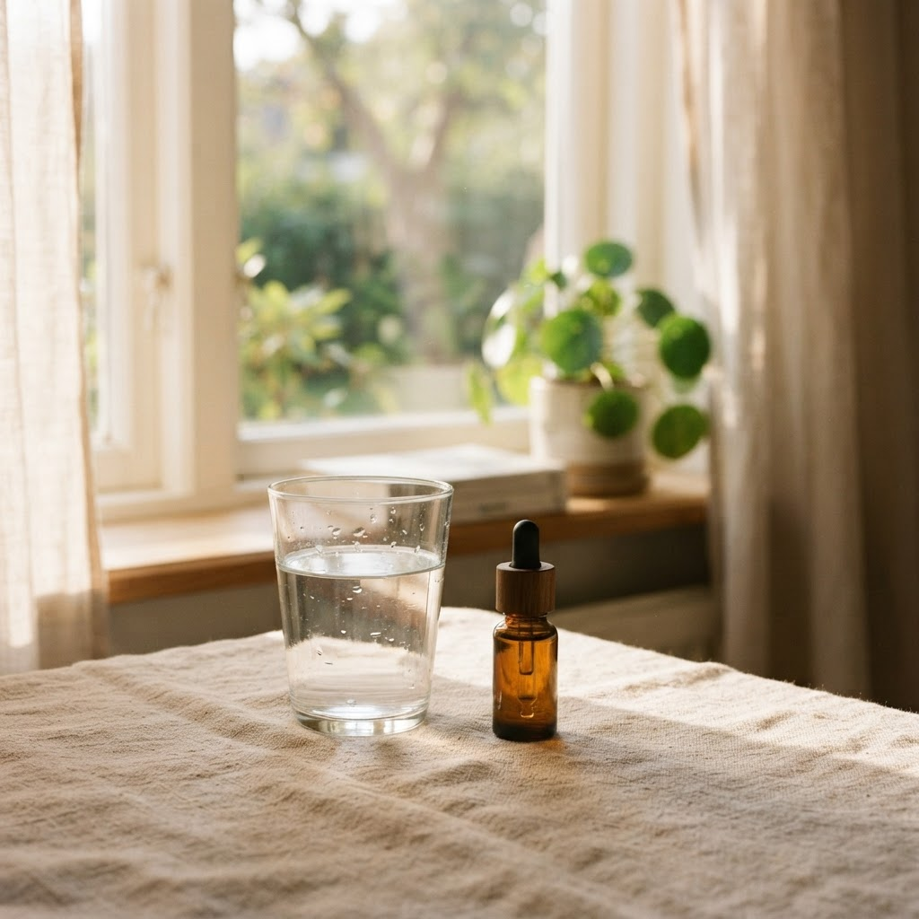 A calm morning ritual with a glass of water beside a vial in soft light